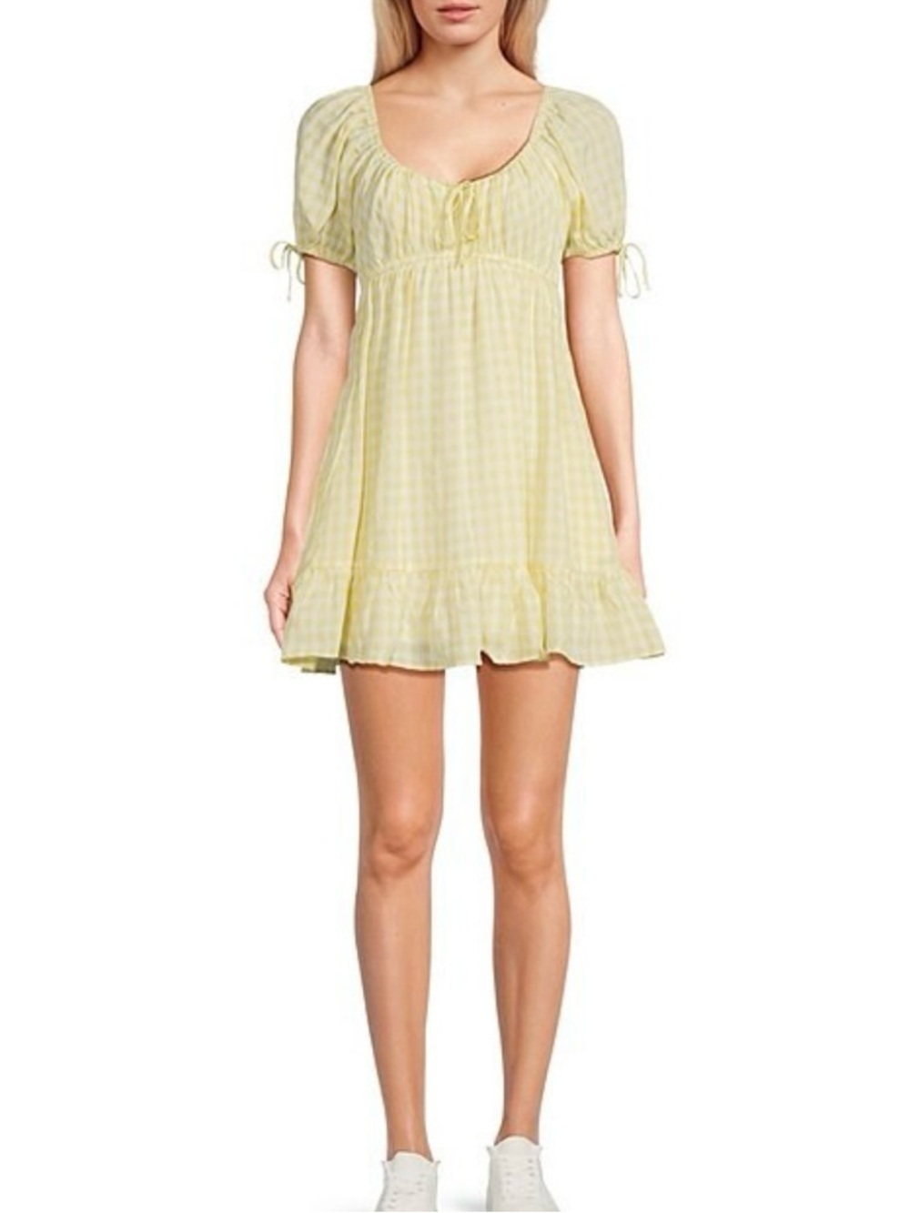 Thirty Thirty Butter Yellow Gingham Sunshine Puff Sleeve Babydoll Short Dress